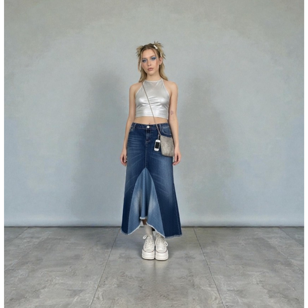 Soho Maxi Denim Stretch Skirt 8 Y2K Two-Tone Retro Festival Asymmetrical 90s